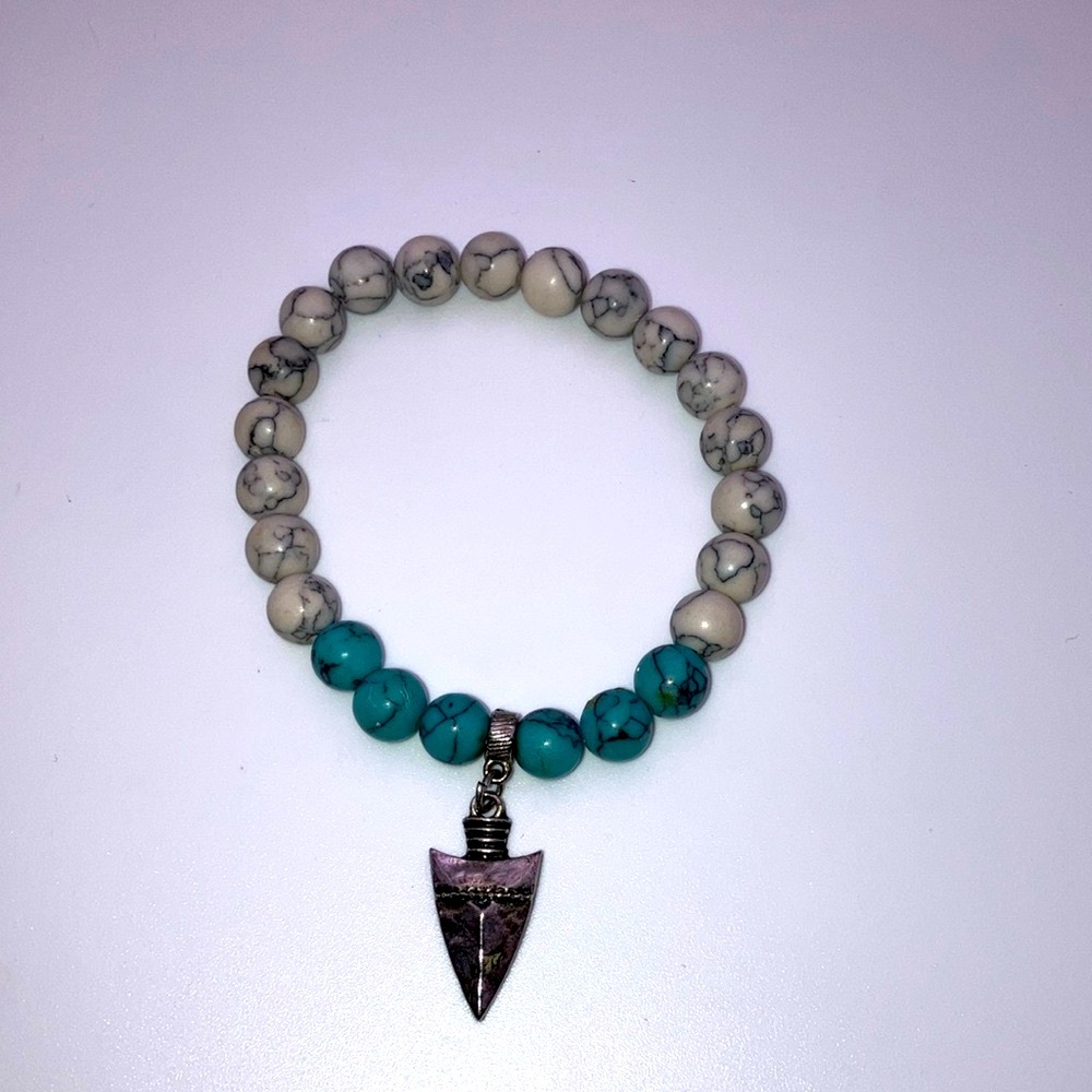 Turquoise and White Beaded Bracelet with Arrowhead Charm